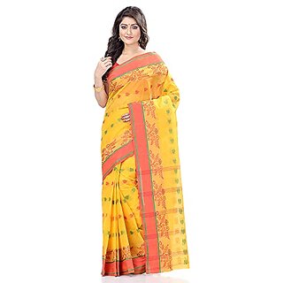                       Db Desh Bidesh Women`S Traditional Bengal Tant Woven Rangdebasanti Design Pure Handloom Cotton Saree Without Blouse Piece (Yellow)                                              