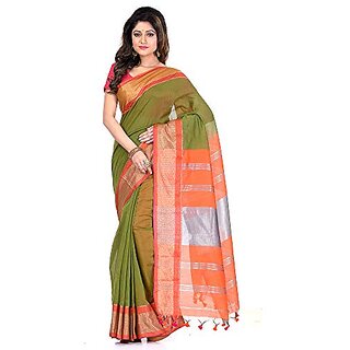                       Db Desh Bidesh Women`S Handloom Cotton Silk Saree Jacquard Maheswari Design Zari Work With Blouse Piece(Light Green Orange)                                              