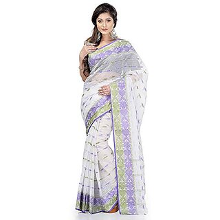                       Db Desh Bidesh Women Pure Cotton Traditional Handloom Bengal Tant Saree Noyonchuri Design Without Blouse Piece (White Purple Green)                                              
