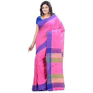                       Db Desh Bidesh Women`S Traditional Bengali Tant Handloom Cotton Saree With Blouse Piece (Pink Blue Green)                                              
