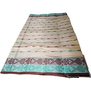                       Db Desh Bidesh Women Pure Cotton Traditional Handloom Bengal Tant Saree Noyonchuri Design Without Blouse Piece (White Light Green Brown)                                              