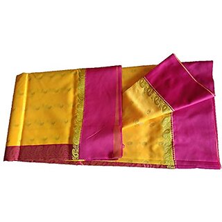                       Db Desh Bidesh Women's Bengal Tant Fine Smooth Original Premium Garad Silk Saree With Blouse Pieces Handmade Exclusive Flower With Kalka With Whole Body Design (Yellow And Pink)                                              