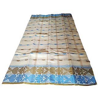                       Db Desh Bidesh Women Pure Cotton Traditional Handloom Bengal Tant Saree Noyonchuri Design Without Blouse Piece (Dbnoyonchuri8_White_Brown_Skyblue)                                              