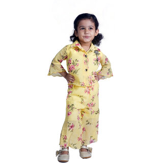                       kid Kupboard Pure Cotton T-Shirt and Plazzo For Girls  Yellow  Full-Sleeves                                              