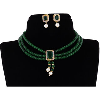 Classique Gold Plated Green Pearl Choker Necklace with Stud Earrings for Women & Girls