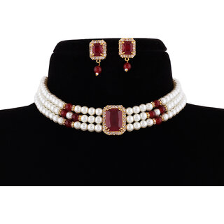 Classique Gold Plated Multicolor Pearl Choker Necklace with Stud Earrings for Women & Girls