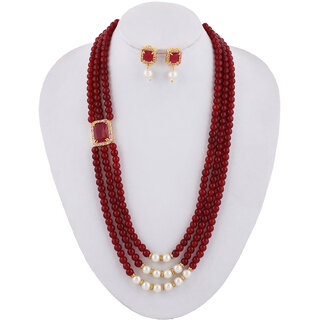 Classique Gold Plated Multi Layered Long Pearls Necklace & Earring Set for Women & Girls