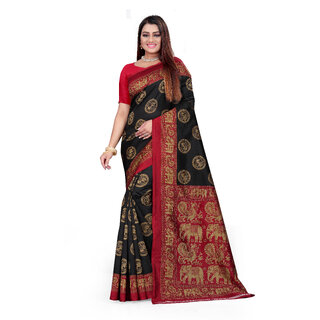                       SVB Saree Black  & Red Art Silk Printed Saree                                              