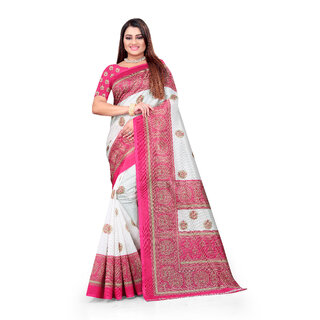                       SVB Saree White  & Pink Art Silk Printed Saree                                              