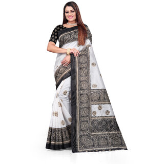                       SVB Saree White  & Black Art Silk Printed Saree                                              