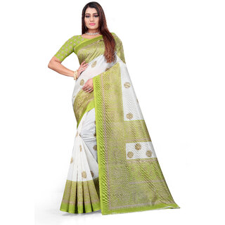                       SVB Saree White  & Green Art Silk Printed Saree                                              