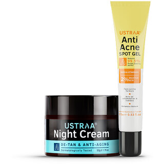                       Ustraa Anti Acne Spot Gel - 15ml And Night Cream - De-tan and Anti-aging - 50g                                              