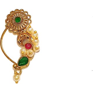 Shrungarika Gold Plated Traditional Ethnic Bridal Maharashtrian Nose Ring/Nath without piercing (N-622)