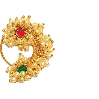 Shrungarika Gold Plated Traditional Ethnic Bridal Maharashtrian Nose Ring/Nath without piercing (N-623)