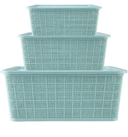 SELVEL Multipurpose Polypropylene Storage Baskets with Lid (Green) Set of 3