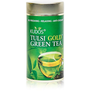 Kudos Tulsi Gold Green Tea With Lemon  Ginger (Green, 100g) Loose Leaf Tin, Anti-Oxidant, Natural Ingredients - Tulsi