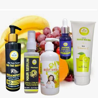                       Combo of Body Wash + Shampoo + Face Wash + Hydrating Face Serum + Herbal Hair Serum                                              