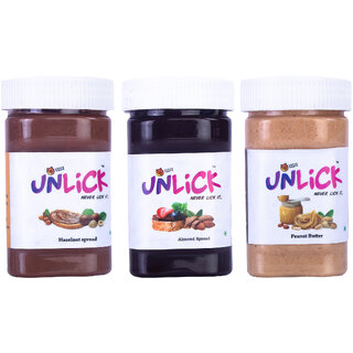 Choco Teddy's Unlick Chocolate Spread Hazelnut Spread-Low Fat Almond-Peanut Butter Spread Combo Pack of 3-450 g