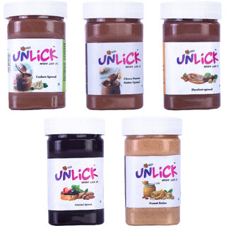 Choco Teddy's Unlick Chocolate Spread Chocolate Combo Pack of 5 - 750 g (Cashew-Choco PNB-Hazelnut-LF Almond-PN Butter)