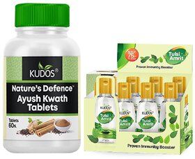 Kudos Ayush Kwath Tab. 60 And Tulsi Amrit Immunity Booster Tulsi Drops Healthy Lifestyle, Pure Natural Combo Pack Of 2