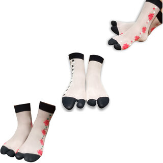 EVERUZA Flower Print net socks, Transparent printed socks, Net Socks, Summer Socks Pack of 3