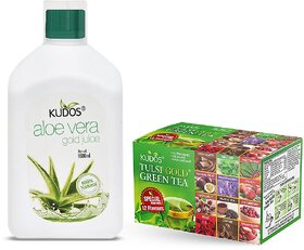 Kudos Tulsi Gold Green Tea (12 Flav.) And Aloevera Gold juice (Orange Flav.) Combo Pack Of 2
