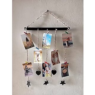                       Khush Its Amazing Home Decor Wall Hanging Hand Made Black Stick With Star And Heart Photo Display , DIY Picture Photo Frame Collage Set Includes Multi colour Clips                                              