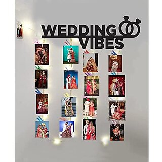                       Khush Its Amazing Home Decor Wood Wedding Vibes With LED Light Hanging Photo Display, DIY Picture Photo Frame Collage Set Includes Multi colour Clips                                              