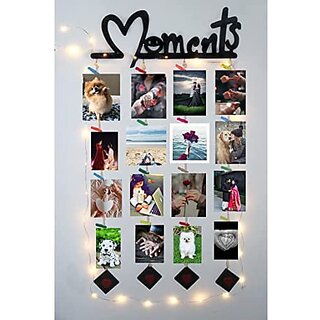                       Khush Its Amazing Home Decor Wood Moments With Squre Heart Hanging Up Down LED Light Hanging Photo Display, DIY Picture Photo Frame Collage Set Includes Multi colour Clips                                              