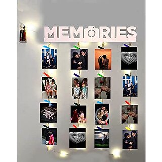                       Khush Its Amazing Home Decor Wood White Memories With LED Light Hanging Photo Display, DIY Picture Photo Frame Collage Set Includes Multi colour Clips                                              