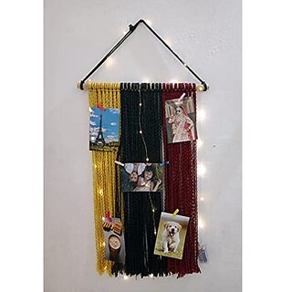                       Khush its Amazing Home Decor Tri Macrame Photo Wall Hanging Colour with Natural Round Stick with LED Light                                              