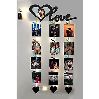                       Khush Its Amazing Home Decor Wood Love Heart With LED Light Hanging Photo Display, DIY Picture Photo Frame Collage Set Includes Multi colour Clips                                              