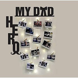                       Khush Its Amazing Home Decor Wood My Dad My Hero With LED Light Hanging Photo Display, DIY Picture Photo Frame Collage Set Includes Multi colour Clips                                              