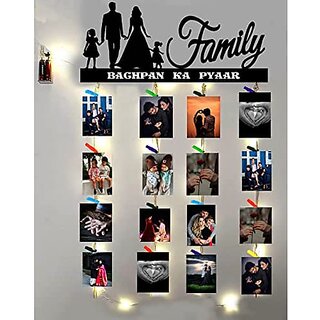                       Khush Its Amazing Home Decor Wood Family Bachapan Ka Pyar With LED Light Hanging Photo Display, DIY Picture Photo Frame Collage Set Includes Multi colour Clips                                              