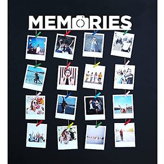                       Khush Its Amazing Home Decor Wood White Memories Hanging Photo Display, DIY Picture Photo Frame Collage Set Includes Multi colour Clips                                              