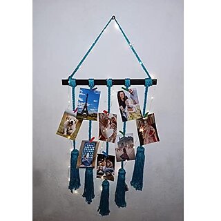                       Khush Its Amazing Home Decor Wall Hanging Hand Made Black Stick With Macrame Blue 5 Line Rope And LED Light Photo Display , DIY Picture Photo Frame Collage Set Includes Multi colour Clips                                              