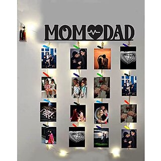                      Khush Its Amazing Home Decor Wood Mom Dad With LED Light Hanging Photo Display, DIY Picture Photo Frame Collage Set Includes Multi colour Clips                                              