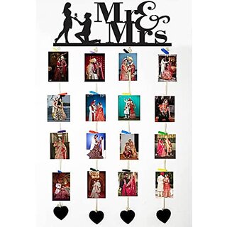                       Khush Its Amazing Home Decor Wood Mr And Mrs With Heart Hanging Photo Display, DIY Picture Photo Frame Collage Set Includes Multi colour Clips                                              