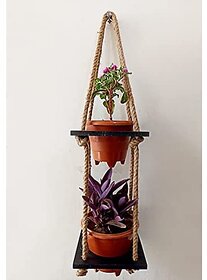 Khush Its Amazing Wood Hanging Planter Shelf Plant Hanger Decorative Flower Pot Rack with Rope Home Decor Hanging Planter (2 Tier Pot Black)