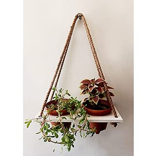 Khush Its Amazing Wood Hanging Planter Shelf Plant Hanger Decorative Flower Pot Rack with Rope Home Decor Hanging Planter ( 2 Pot White Planter)