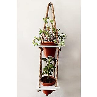 Khush Its Amazing Wood Hanging Planter Shelf Plant Hanger Decorative Flower Pot Rack with Rope Home Decor Hanging Planter (2 Tier Pot White)