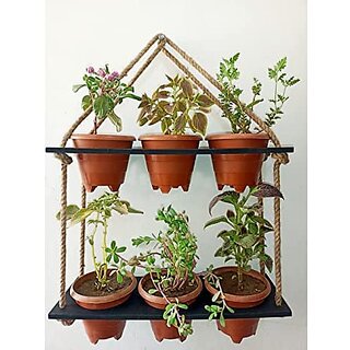 Khush Its Amazing Wood Hanging Planter Shelf Plant Hanger Decorative Flower Pot Rack with Rope Home Decor Hanging Planter (2 Tier Pot Black)