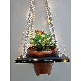 Khush Its Amazing Plant Macrame Hanger Shelf Indoor Hanging Planter Shelf Plant Hanger Shelf Boho Home Decor Cotton Rope(with LED Light) (Black)