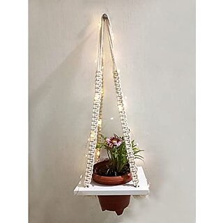                       Khush Its Amazing Plant Macrame Hanger Shelf Indoor Hanging Planter Shelf Plant Hanger Shelf Boho Home Decor Cotton Rope with LED Light (White)                                              