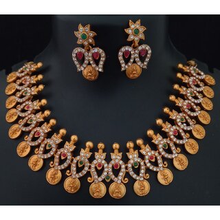 Matt Finish CZ Lakshmi Goddess Pink Green Jewellery Set Matt Finish CZ Lakshmi Goddess Pink Green Jewellery Set
