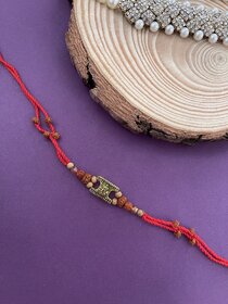 Simple Designer Chandan Rakhi Ganesh Ji Designs With Rudraksha Beads Red Color Thread Rakhee