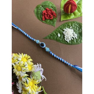 Designer Evil Eye Rakhi With Blue Crystal Beads Multicolor Thread Rakhee For Raksha Bandhan