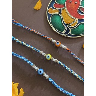                      (Rakhi Set of 3) Fancy Designer Rakhi Orange/Yellow/Blue Evil Eye Charm With Multicolor Thread                                              