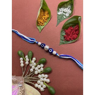                       Beautiful Designer Rakhi Silver Plated Beads With Evil Eye Charm Multicolor Thread Rakhee                                              