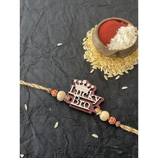                       Latest Unique Lucky Bro MDF Wooden Rakhi With Beads Multicolor Thread Rakhi For Raksha Bandhan                                              